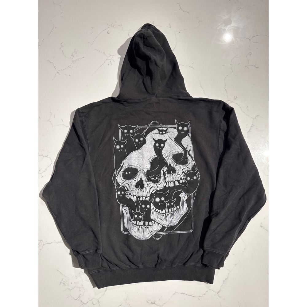 Black Skull Cat Graphic Print Hoodie Pullover Sweatshirt Men's Size L